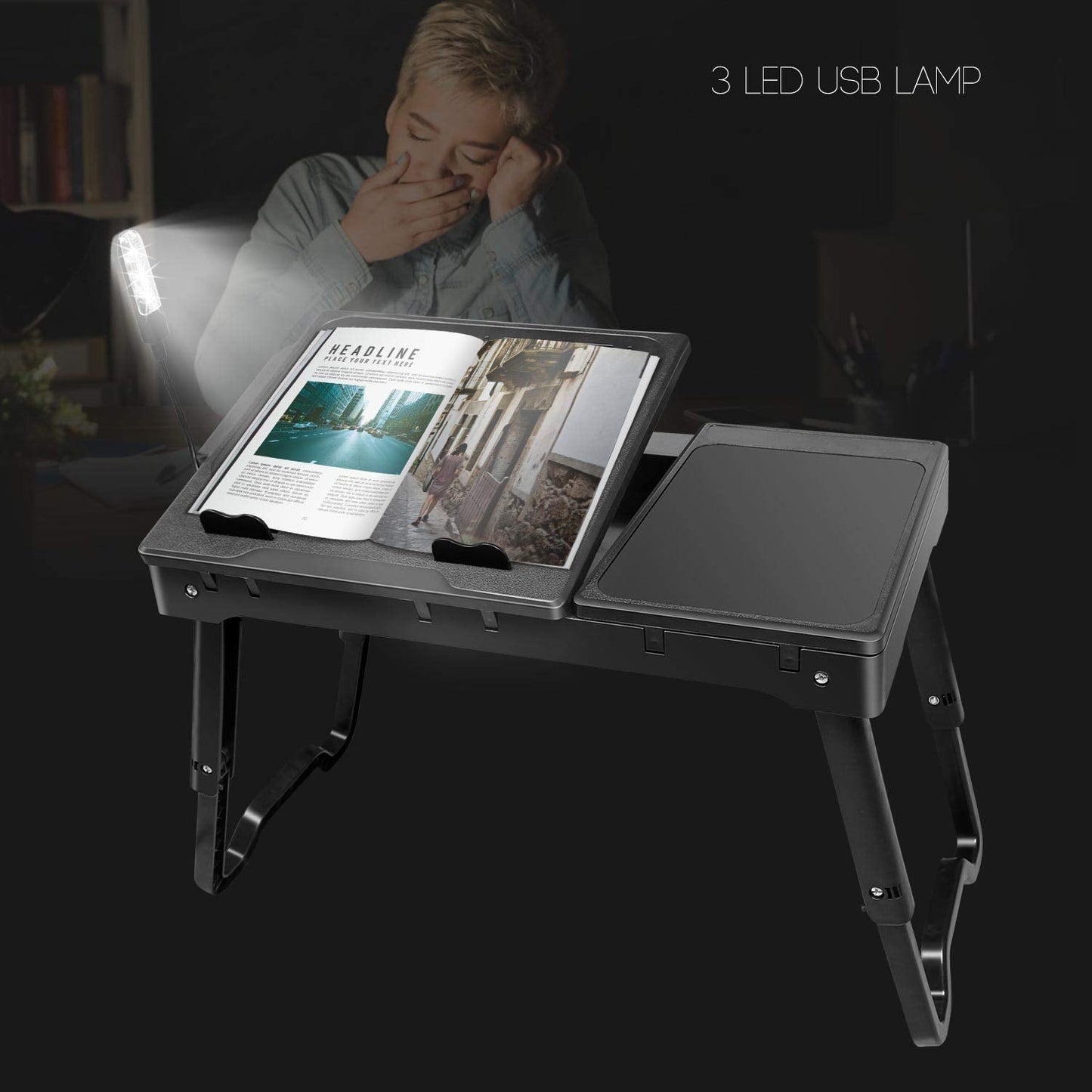 Moclever Laptop Bed Stand – Adjustable Laptop Table with Cooling Fan, Foldable Laptop Desk with USB Hub, LED Light & Storage – Multi-Functional Computer Tray for Bed, Sofa, Home, and Office