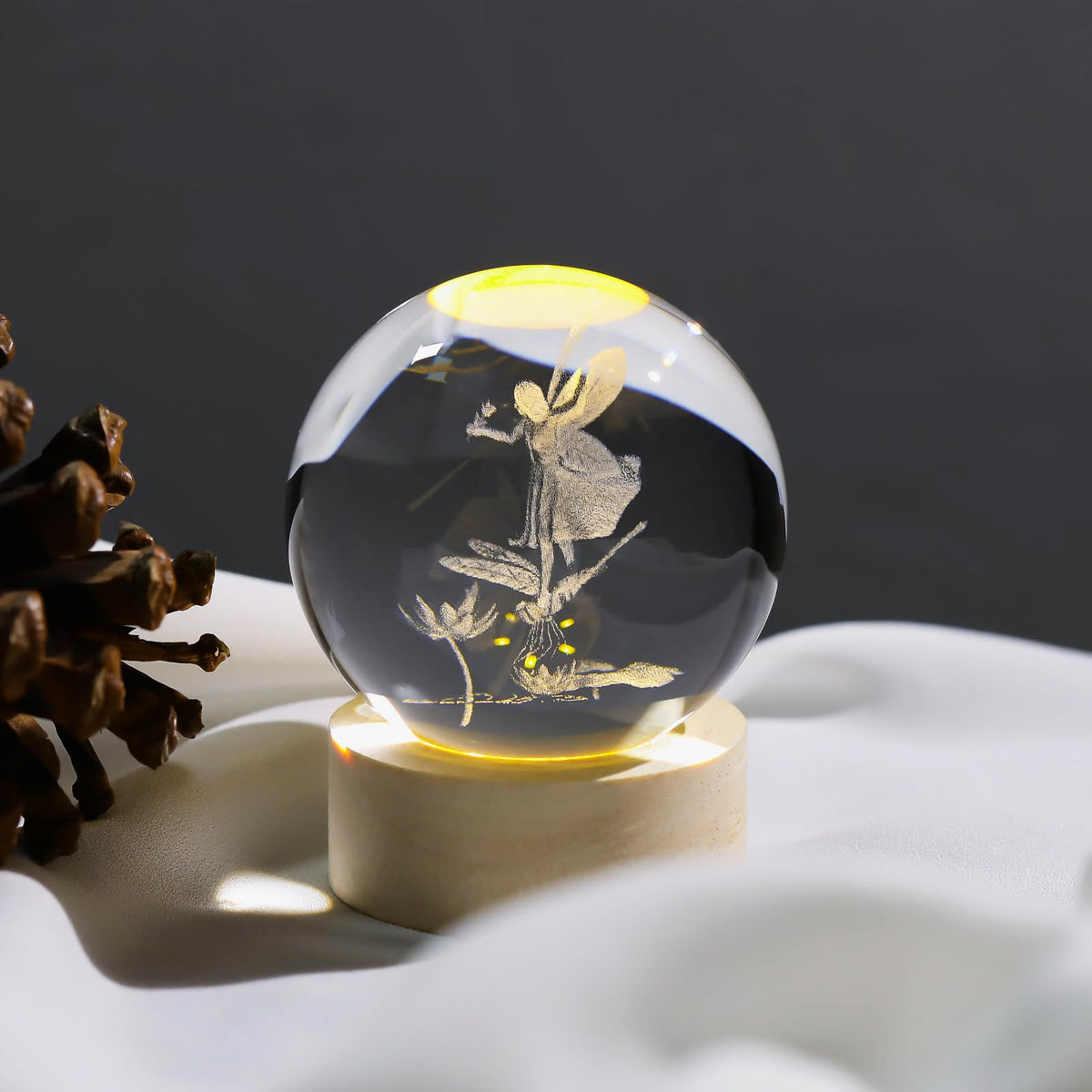 Arikyrist 3D Crystal Ball Lamp Decor Glass Sphere Paperweight with LED Wooden Base, 3D Laser Engraved Glass Fairy Figurines Night Light Gifts for Home Office Decor