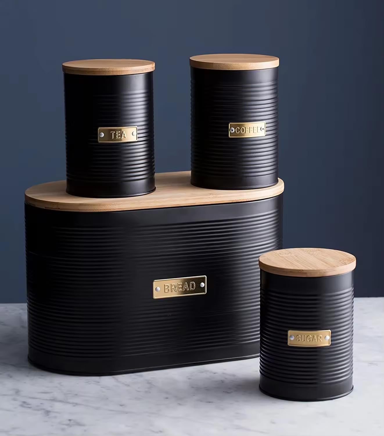 Black Metal Canisters with Wooden Lids – Set of 4 Airtight Storage Tins for Coffee, Tea, Sugar & More – Modern Ribbed Kitchen Containers with Brass Labels