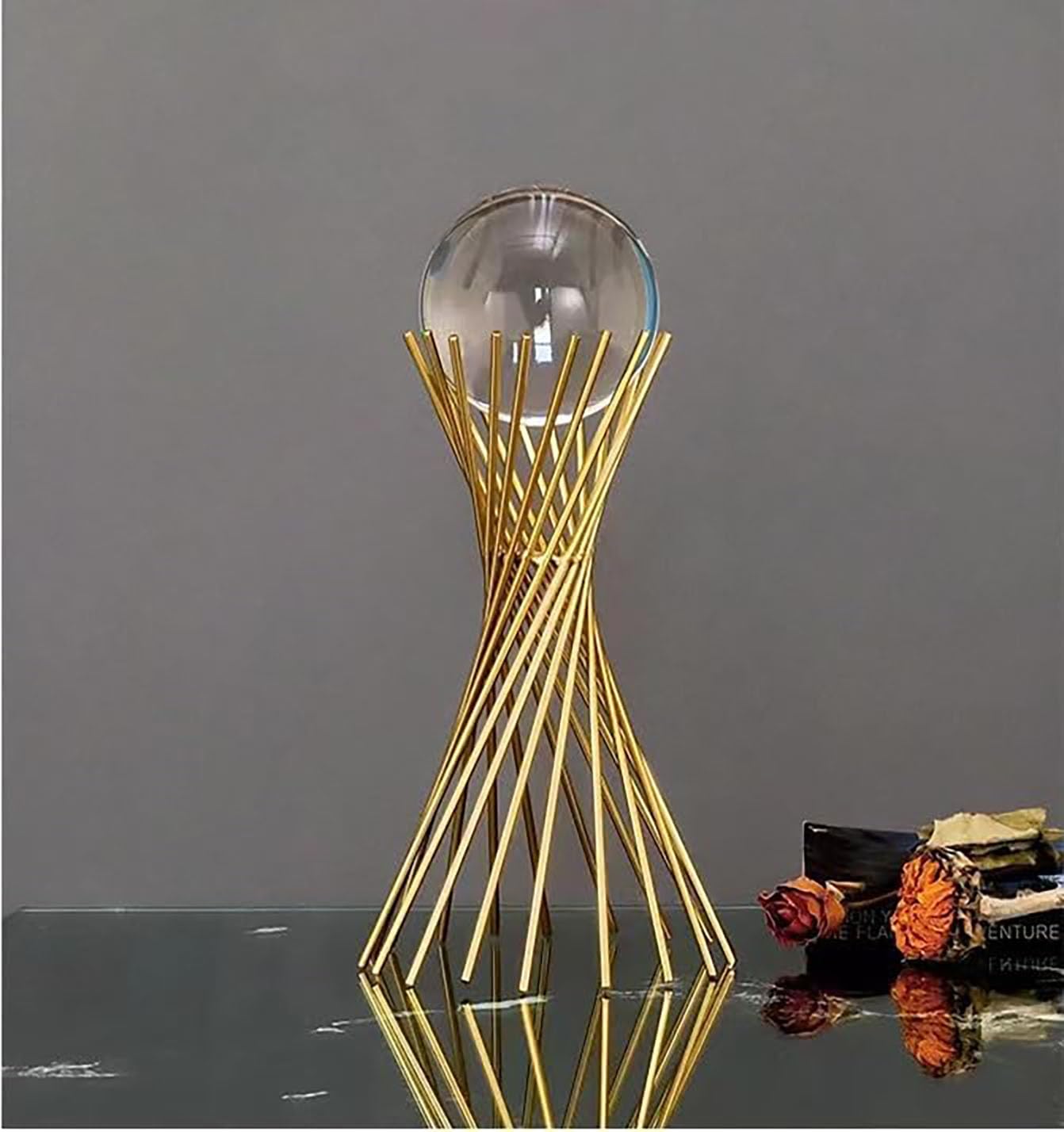 WQKING 3D Modern Abstract Art Crystal Ball with Gold Iron Stand Decorative Ornaments for Living Room Bedroom TV Cabinet Crafts Gifts Office Home Deco (5.5" D x 3.1" W x 7" H)