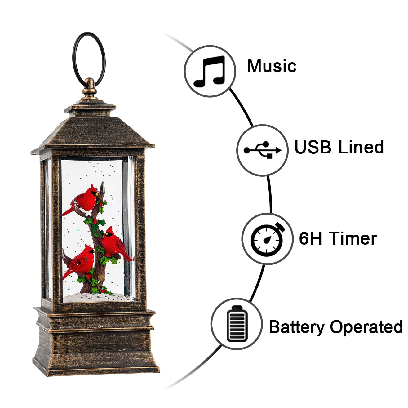 Christmas Snow Globe Lantern Water Glittering 10'' Cardinal with Music & Timer, USB Lined/Battery Operated Lighted Lantern for Christmas Festival Decoration Gifts