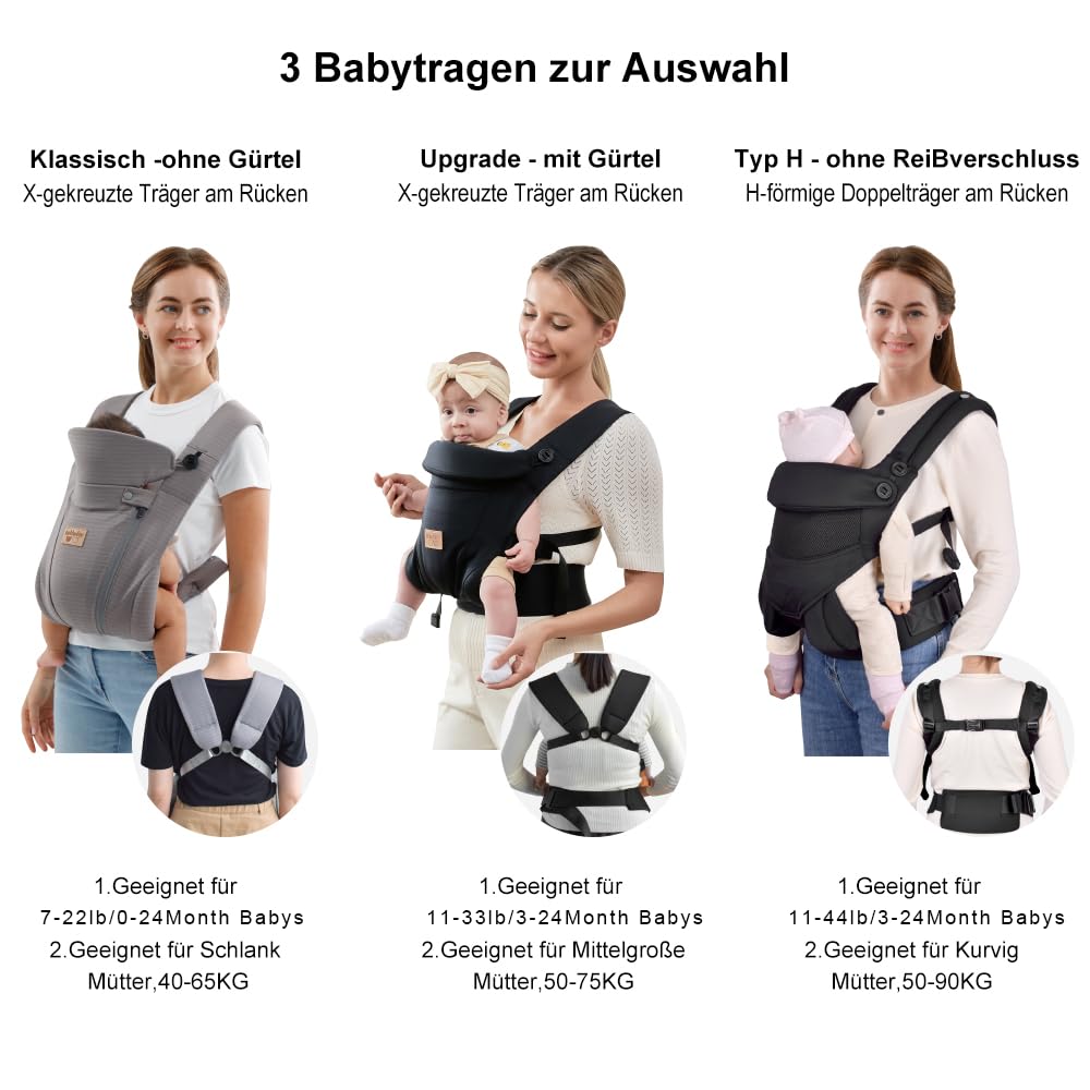 vrbabies Baby Carrier from Newborn, Ice Silk Baby Sling with Adjustable Belt & 3D Breathable Mesh, Face-in and Face-Out Front and Back Carry for Newborns and Older Babies 4-15kg Bl-Belt