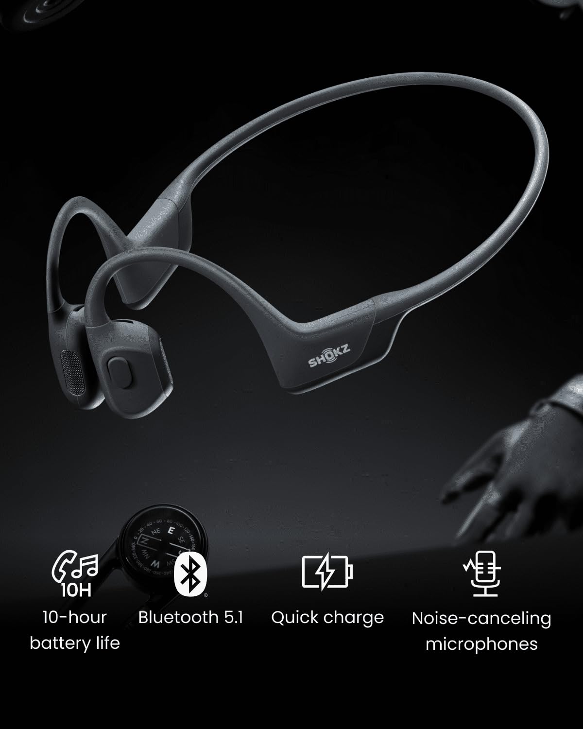 SHOKZ OpenRun Pro, [England Athletics Recommended] Bone Conduction Headphones, Open-Ear Sports Earphones with Mic, IP55 Waterproof Bluetooth Wireless Headset for Running Workout Driving(Swift Black)