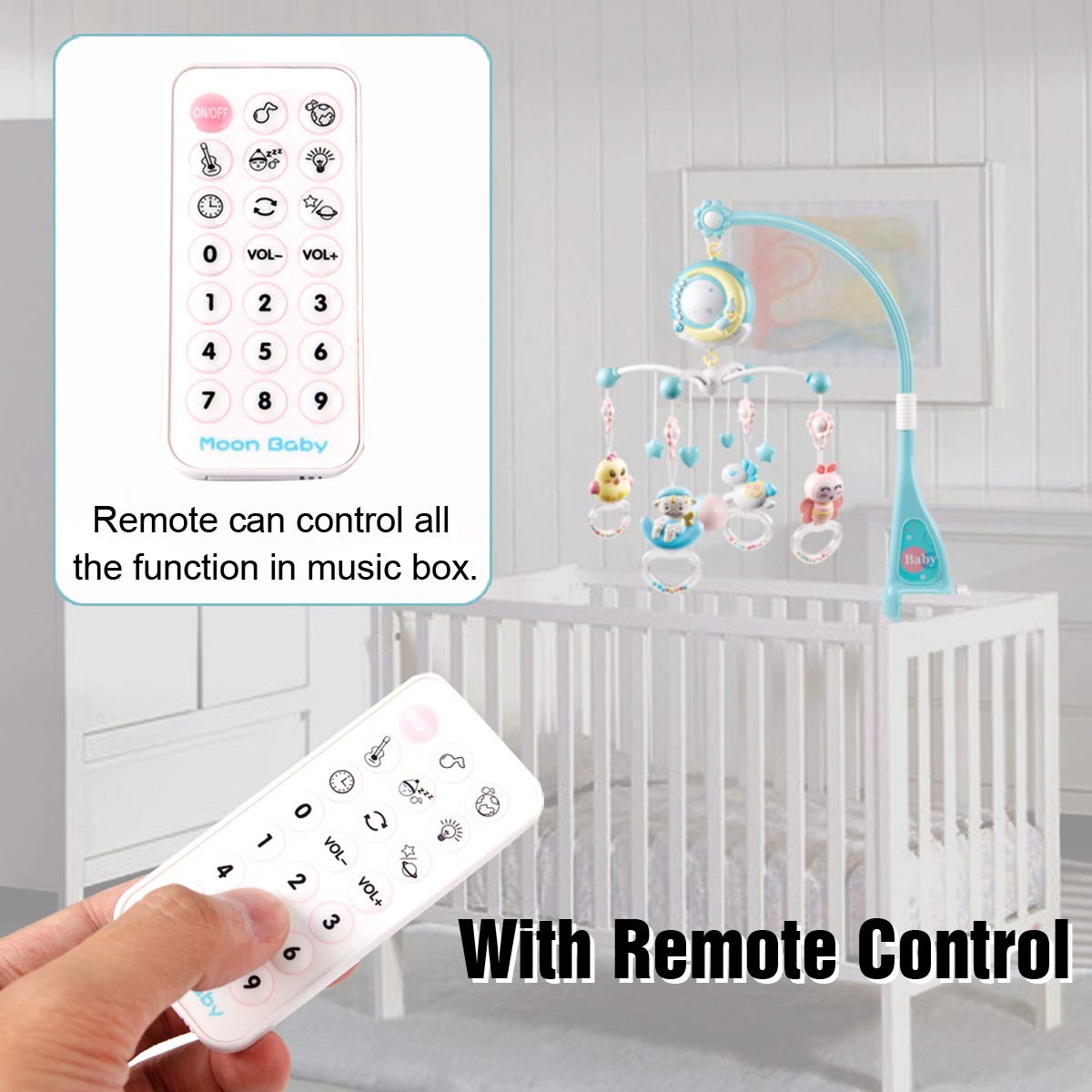 Mini Tudou Baby Musical Mobile Crib with Music and Lights, Timing Function, Projection, Take-Along Rattle and Music Box for Babies Boys Girls Toddlers