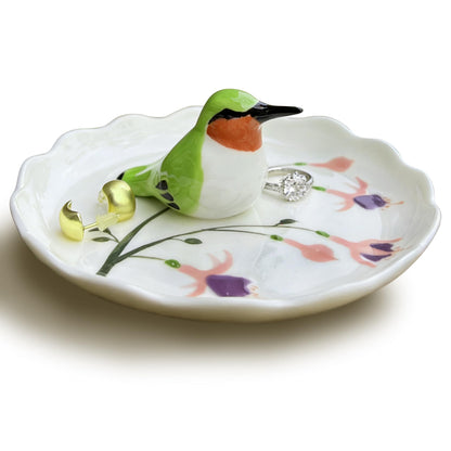 RIHDXCH Hummingbird Ceramic Jewelry Tray– Fuchsia Holiday Trinket Plate for Rings, Earrings & Gifts Handmade Ceramic Jewelry Dish.Valentine's Day Mother's Day Any scenario