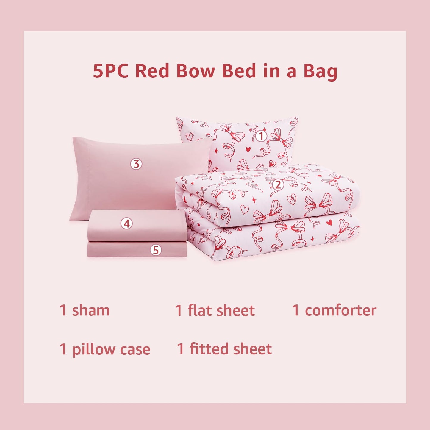 AMBERSPACE Twin XL Comforter Set for Girls, Red Bow Bedding Set Reversible with Cute Heart, All Season Kids Dorm Bed in a Bag 5 Pieces with Sheets, Pillowcase & Sham
