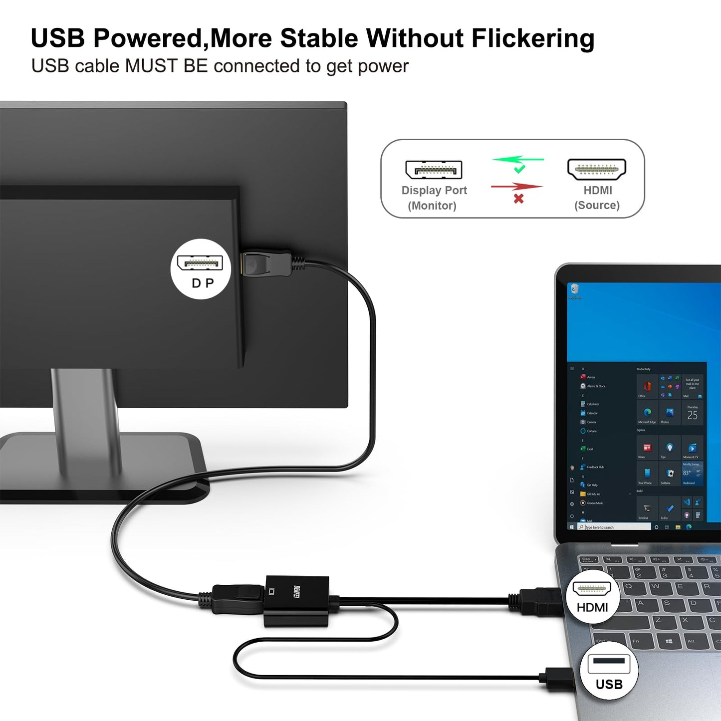 BENFEI HDMI to DisplayPort Adapter, HDMI Source Device Laptop/PC/Game host to DisplayPort Monitor/TV Adapter 4K 60Hz Compatible with Laptop, XBox 360 One, PS4 PS3 and more