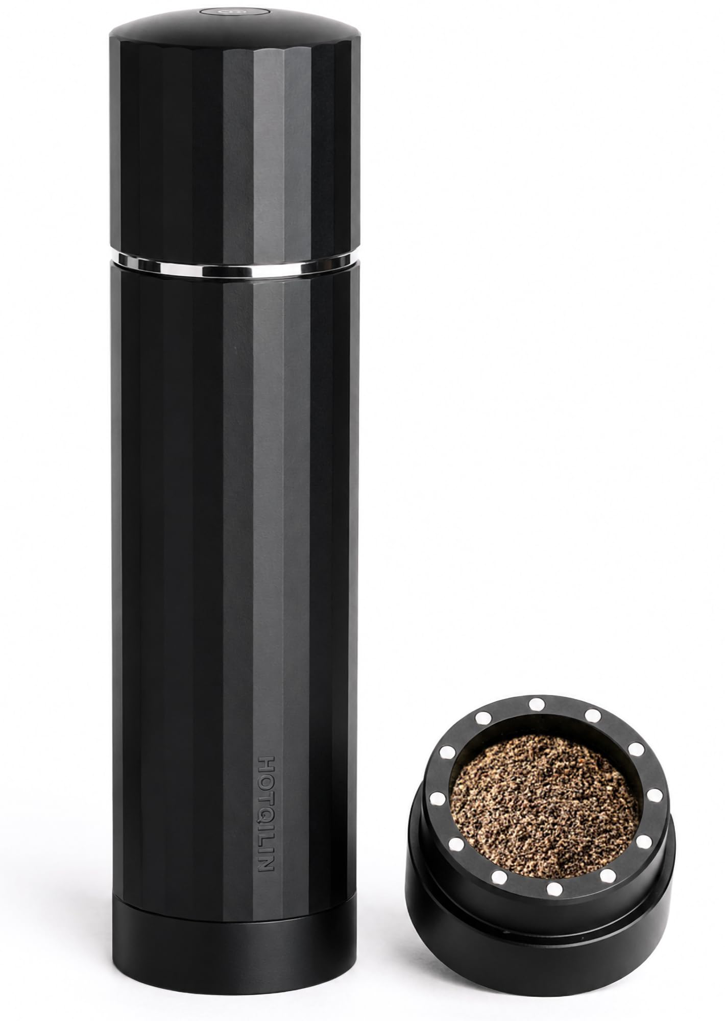 HOTQILIN Manual Pepper Grinder, Heavy Duty All-Metal Pepper Mill, High Output Grinding, Magnetic Powder Chamber for Cleaner Countertops, 60+ Precision Settings, Commercial Grade (Matte Black)
