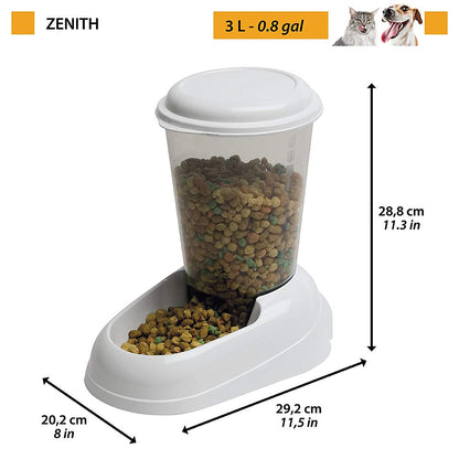 Ferplast Dry food dispenser for dogs and cats 3 Liter ZENITH Practical pet feeder food dispenser biscuits for animals, Transparent tank with lid, Non-slip bottom, 20,2 x 29,2 x h 28,8 cm White
