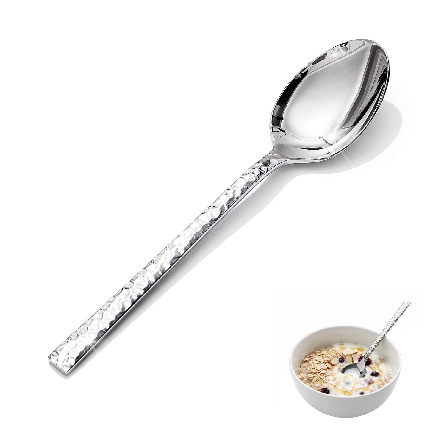 KINGSTONE 12-Piece Hammered Teaspoons Set, 7.06-Inch 18/10 Stainless Steel Tea Spoons, Mirror Finish Small Dessert Spoons, Dishwasher Safe for Home and Kitchen
