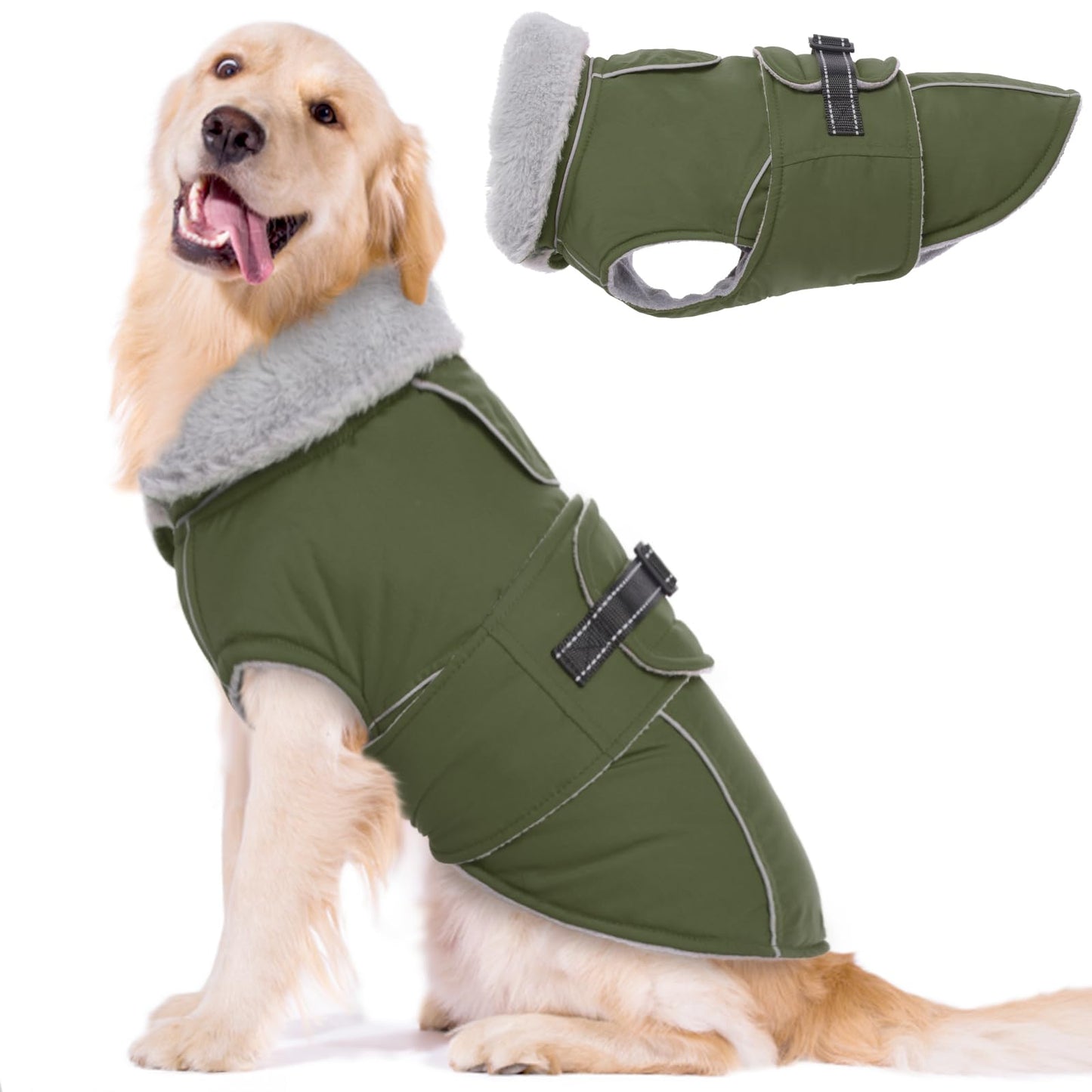 Lelepet Warm Coats and Jackets for Dogs, Waterproof Winter Dog Coat for Cold Weather, Reflective Dog Puffer Jacket, Fleece Lining Pet Coat with Harness Hole for Large Dogs, ArmyGreen XL