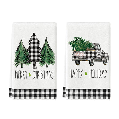 Artoid Mode Buffalo Plaid Truck Trees Kitchen Dish Towels Merry Christmas, 18 x 26 Inch Winter Drying Cloth Tea Towels for Cooking Baking Set of 2