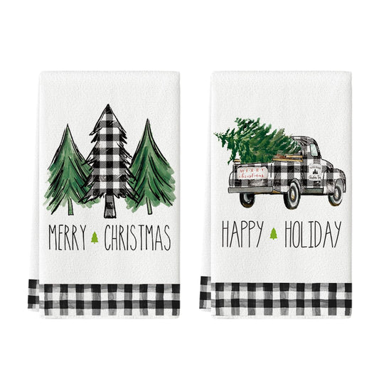 Artoid Mode Buffalo Plaid Truck Trees Kitchen Dish Towels Merry Christmas, 18 x 26 Inch Winter Drying Cloth Tea Towels for Cooking Baking Set of 2