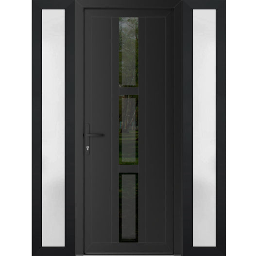 VDOMDOORS Front Exterior Prehung Metal-Plastic Door Frosted Glass | Manux 8112 Matte Black | 2 Side Sidelite Transoms | Residential Doors Entrance Patio Garage 64 x 80 (W14+36+14 x H80) Right-Inswing