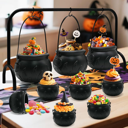 Halloween Cauldron Set with Rack - 3 Large & 6 Mini Black Plastic Flaming Cauldrons Candy Bowls for Indoor/Outdoor Hocus Pocus Party Decor, Witch Kitchen Serving & Haunted House Table Decorations