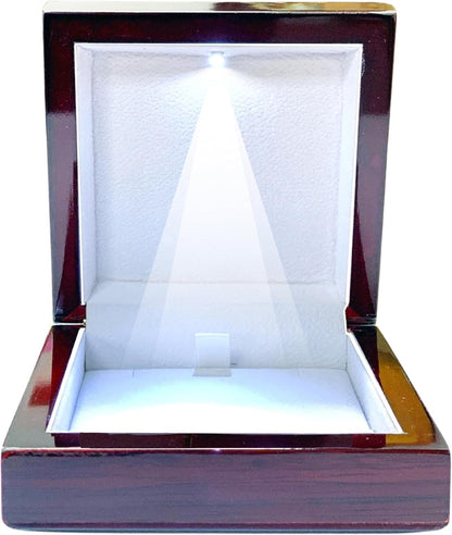 Necklace Box with LED Light – Small Jewelry Display Case for Bracelet, Earrings, or Chains – Luxury Lighted Wooden Presentation Box for Gifts, DIY Crafts (Mahogany White Interior, 5 X 5 Inch)