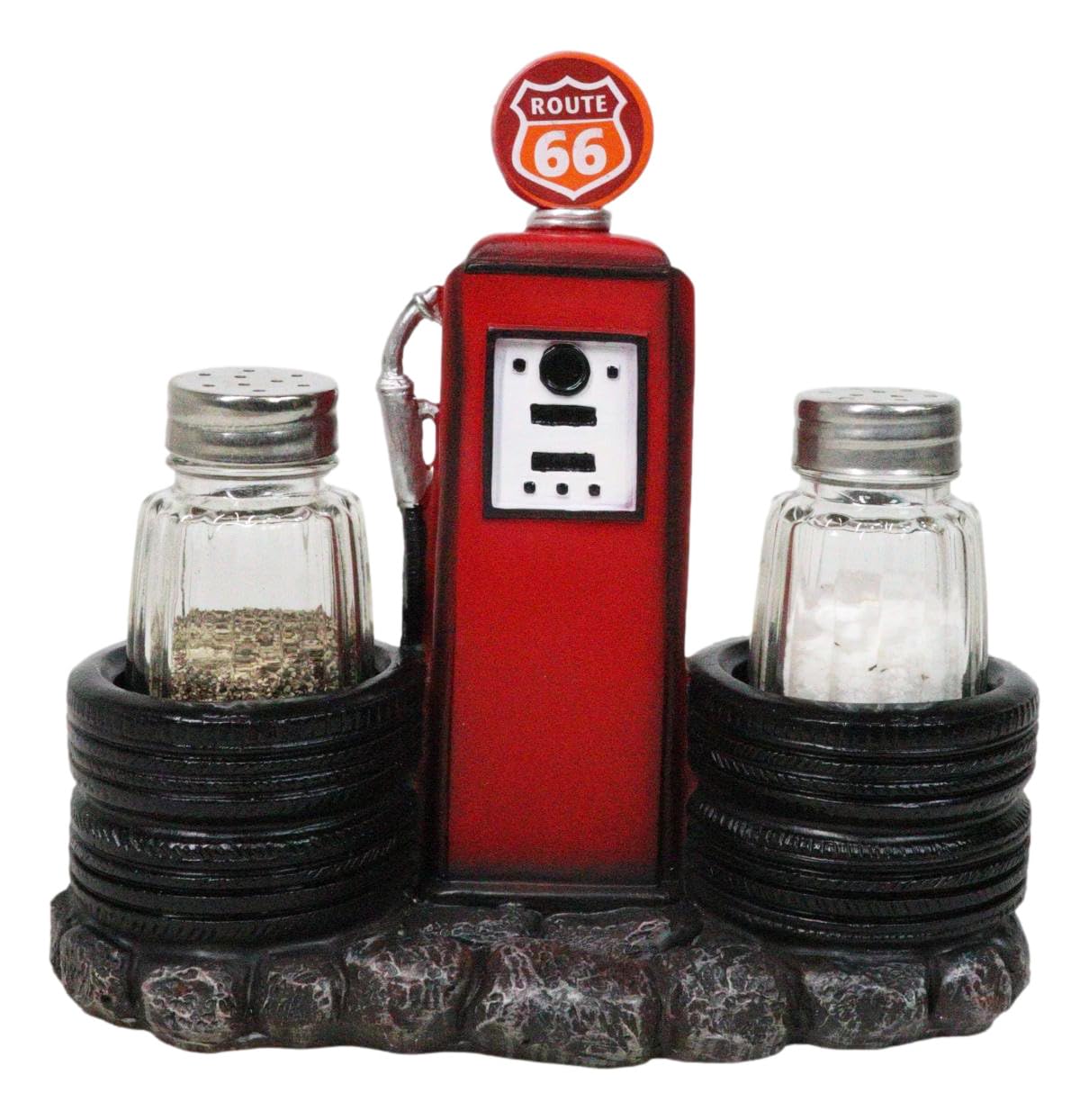 Ebros Gift Vintage Nostalgia Route 66 Highway Stop Old Fashioned Red Gas Pump Station Salt And Pepper Shaker Holder Figurine Cross Country Road Trip Lovers Kitchen Accent
