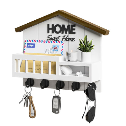 FERAHI Key and Mail Holder for Wall, Wall Key Holder with Shelf, Key Rack Wall Mount, Wood Key Holder Wall Mount White, Mail Organizer Wall Mounted, Entryway & Front Door Key Holder with 5 Hooks