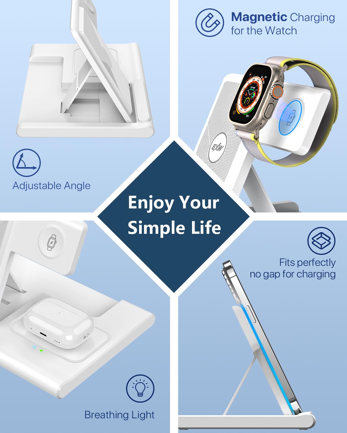 Wireless Charger,Foldable 3 in 1 Wireless Charger Stand for Apple Watch,Airpods Pro/3/2,Fast Wireless Charging Station for iPhone 17/Air/16/15/14/13/12/11/XS/XR/X/8（No Plug Included)