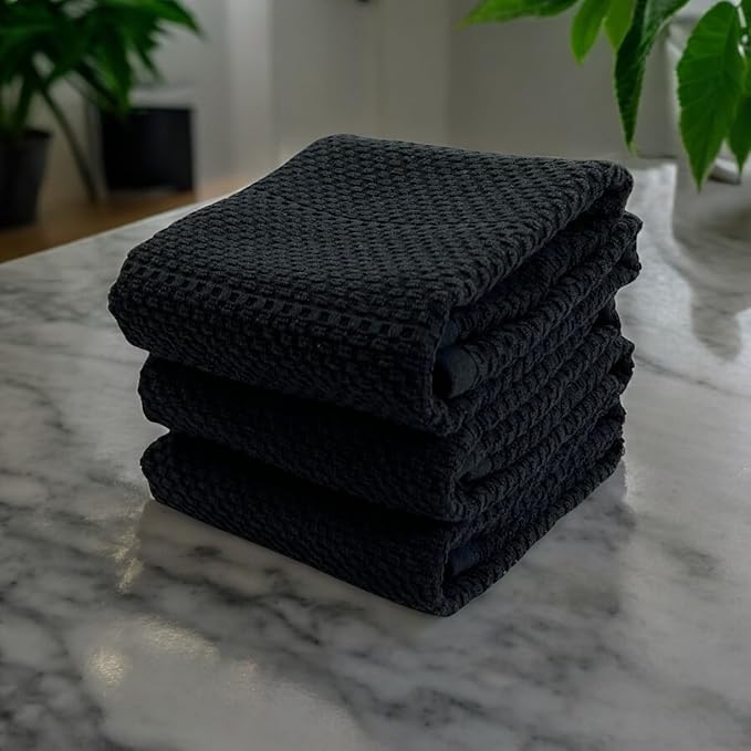 Serafina Home Black Textured Kitchen Hand Dish Towels 100% Cotton Cloth Soft