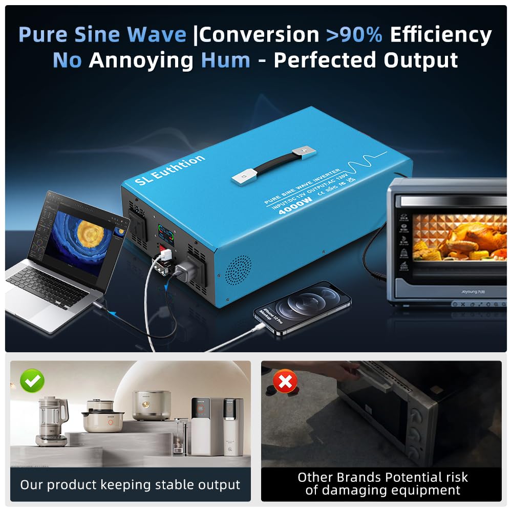 SL Euthtion 4000W Pure Sine Wave Power Inverter Voice Control AI Voice Assistant Support English 24V to 120V 60HZ with LCD Display, USB Port, for Car Home Laptop Truck