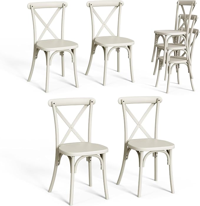 VINGLI Plastic Outdoor Dining Chairs Set of 4, Stackable Patio Cream White Dining Chairs with X Back, Waterproof Kitchen & Dining Room Chairs for Indoor-Outdoor, Capacity 400 lbs