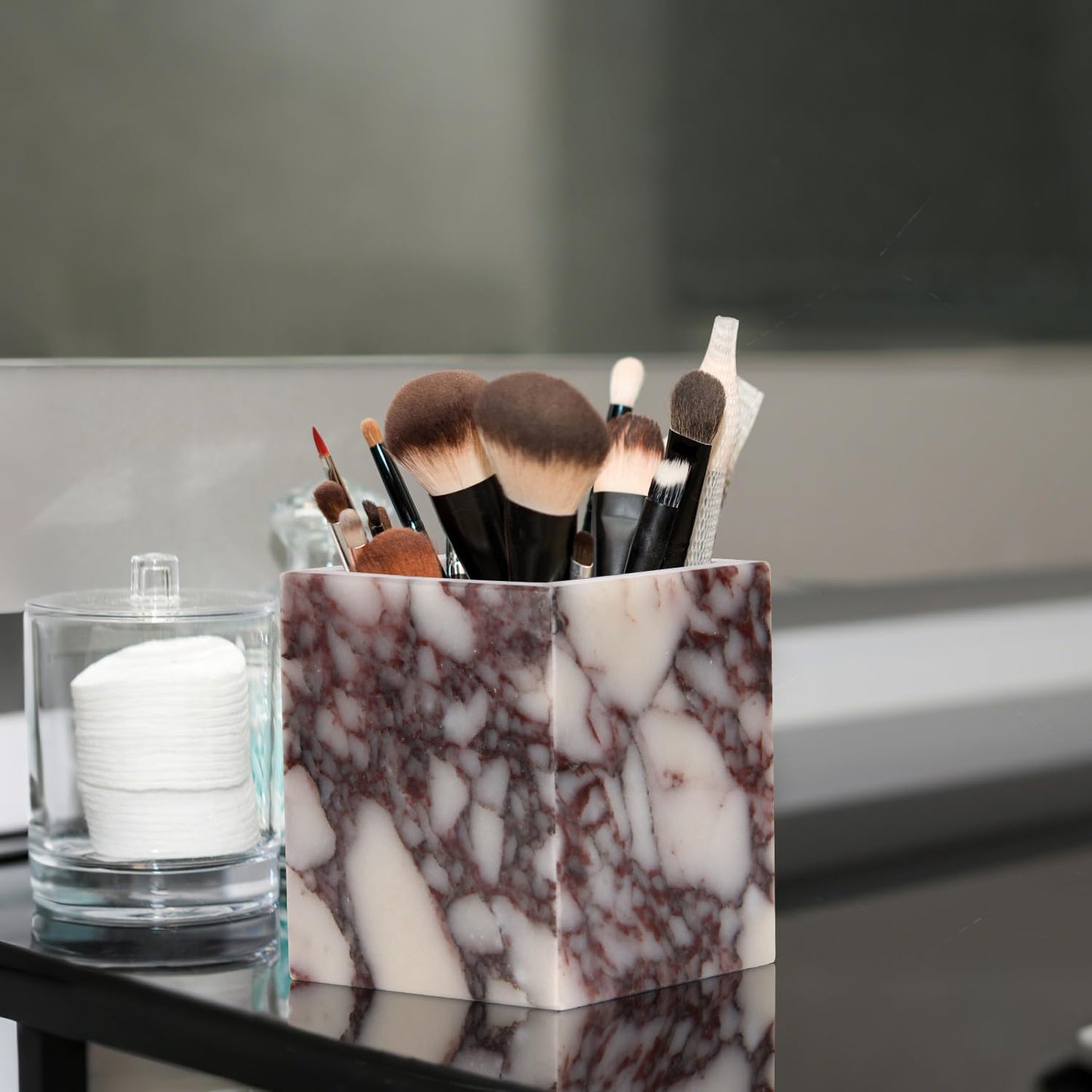 Natural Marble Toothbrush Holder for Bathroom Countertop (8.5x8.5x10cm) - Multifunctional Organizer for Makeup Brushes, Vanity Accessories & Utensils Sink (1, Calacatta Viola)