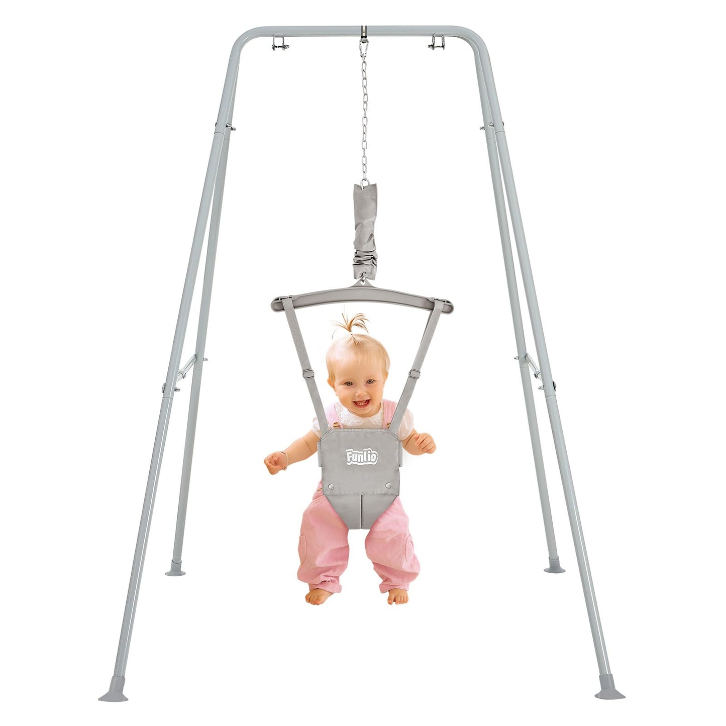 FUNLIO Baby Jumper with Stand for 6-24 Months, Infant/Outdoor Play, Toddler Jumper for Baby Girl/Boy, Adjustable Chain, Easy Assembly & Storage - Grey