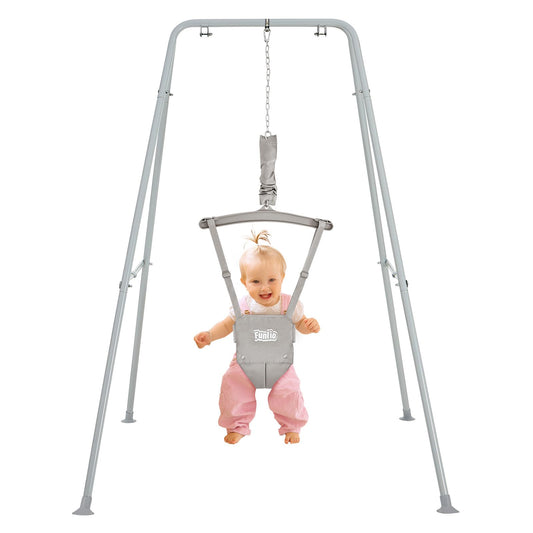 FUNLIO Baby Jumper with Stand for 6-24 Months, Infant/Outdoor Play, Toddler Jumper for Baby Girl/Boy, Adjustable Chain, Easy Assembly & Storage - Grey