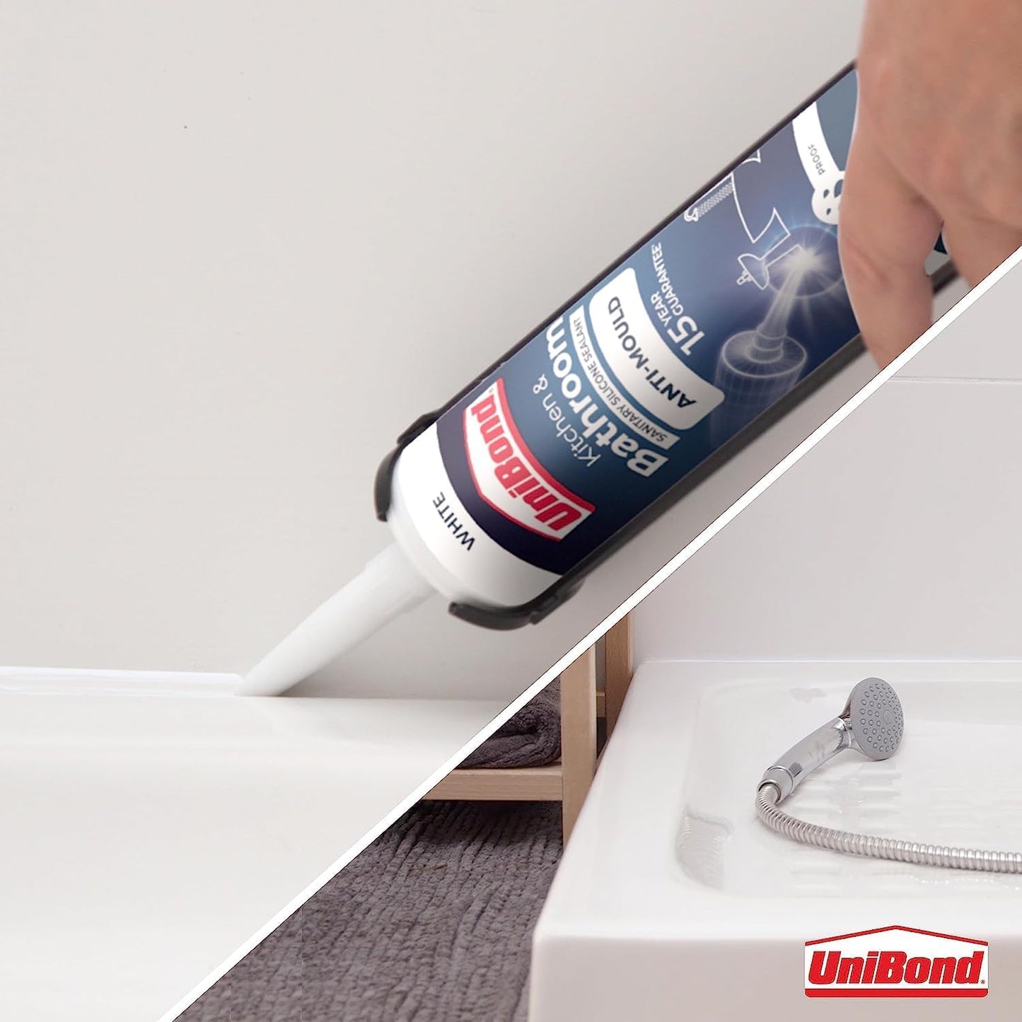 UniBond Anti-Mould White, Waterproof Mould Protection, Long-lasting White Silicone Sealant for Kitchen & Bathroom, Powerful Bath Sealant, 1 x 274g Cartridge