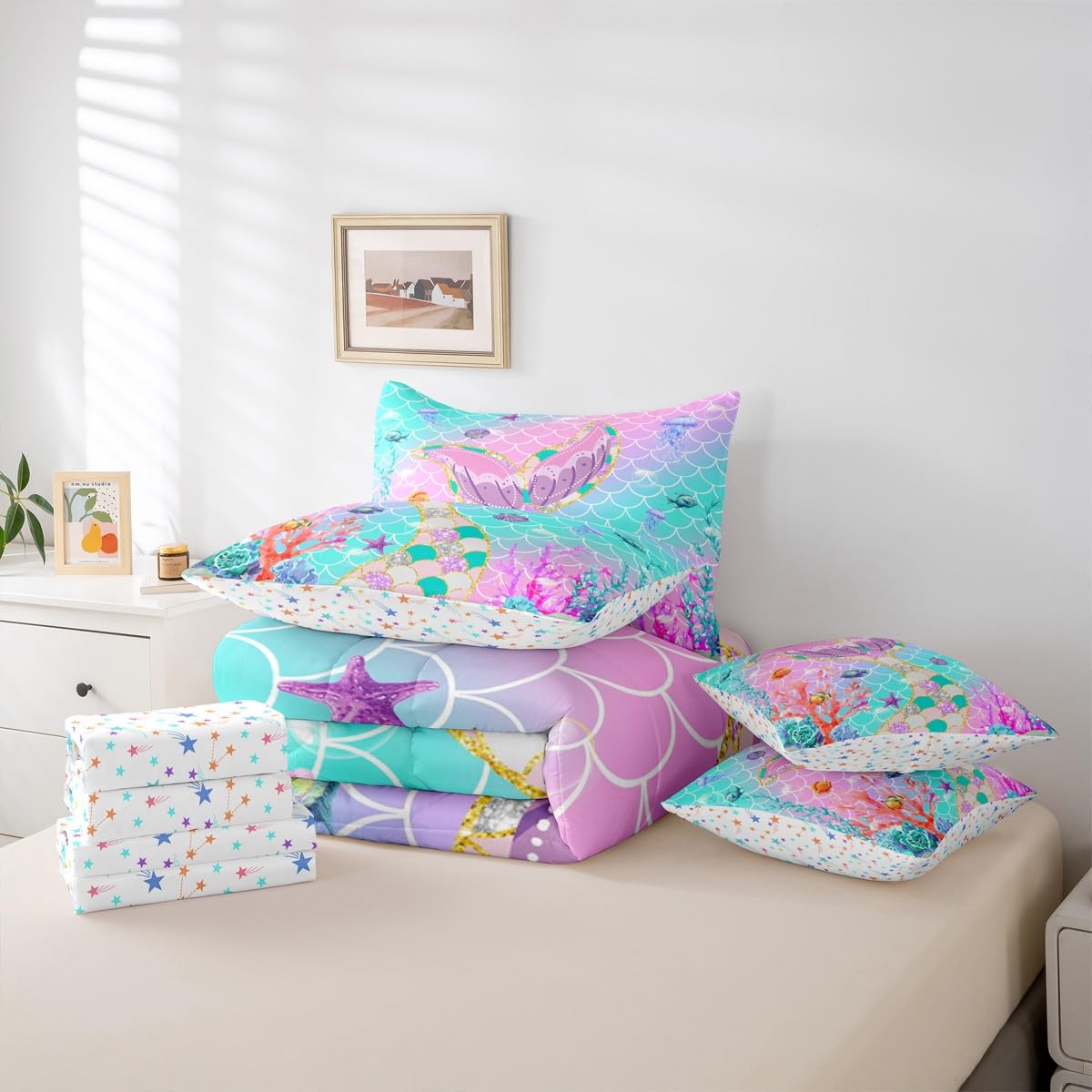 Mermaid Tail Bed in a Bag Queen Comforter Set 7-Piece | Fish Scales Girls Bedding Sets Girly Ombre Rainbow Comforter and Sheet Set,Teal Sequins Pastel Pink Paillette Ocean Life Sea Animal Room Decor