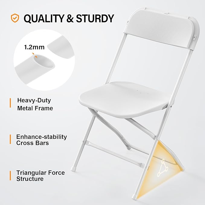 VINGLI 1 Pack White Plastic Folding Chair, Indoor Outdoor Portable Stackable Commercial Seat with Steel Frame 350lb. Capacity for Events Office Wedding Party Picnic Kitchen Dining