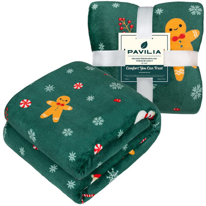 PAVILIA Christmas Gingerbread Throw Blanket | Green Holiday Christmas Fleece Blanket | Soft, Plush, Warm Winter Cabin Throw, 50x60 (Green Gingerbread)