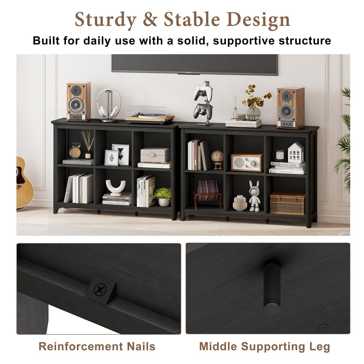 BON AUGURE 6 Cube Storage Organizer Bookcase, Horizontal Bookshelf with Curved Edge, Floor Standing Low Wooden Book Shelf for Living Room, Office -Black Oak, 43"