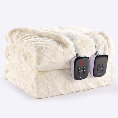 Bearhug Electric Blanket King Size 100" x 90", Dual Controller Heated Blanket, White Flower Patterns Faux Fur & Warm Sherpa, 10-Heat Levels & 1-12H Auto Off,ETL, Machine Washable