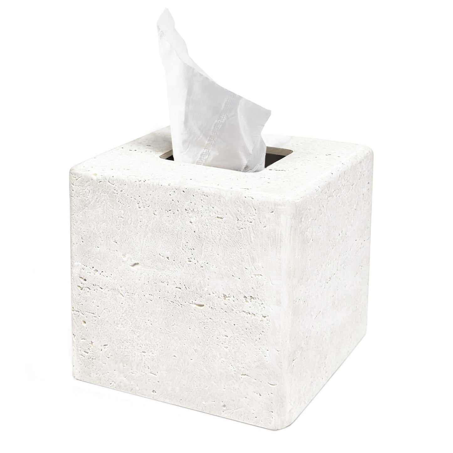 Decorative Square Tissue Box Cover – White Resin Tissue Holder for Bathroom, Bedroom, Countertop, Modern Stone-Look Tissue Box