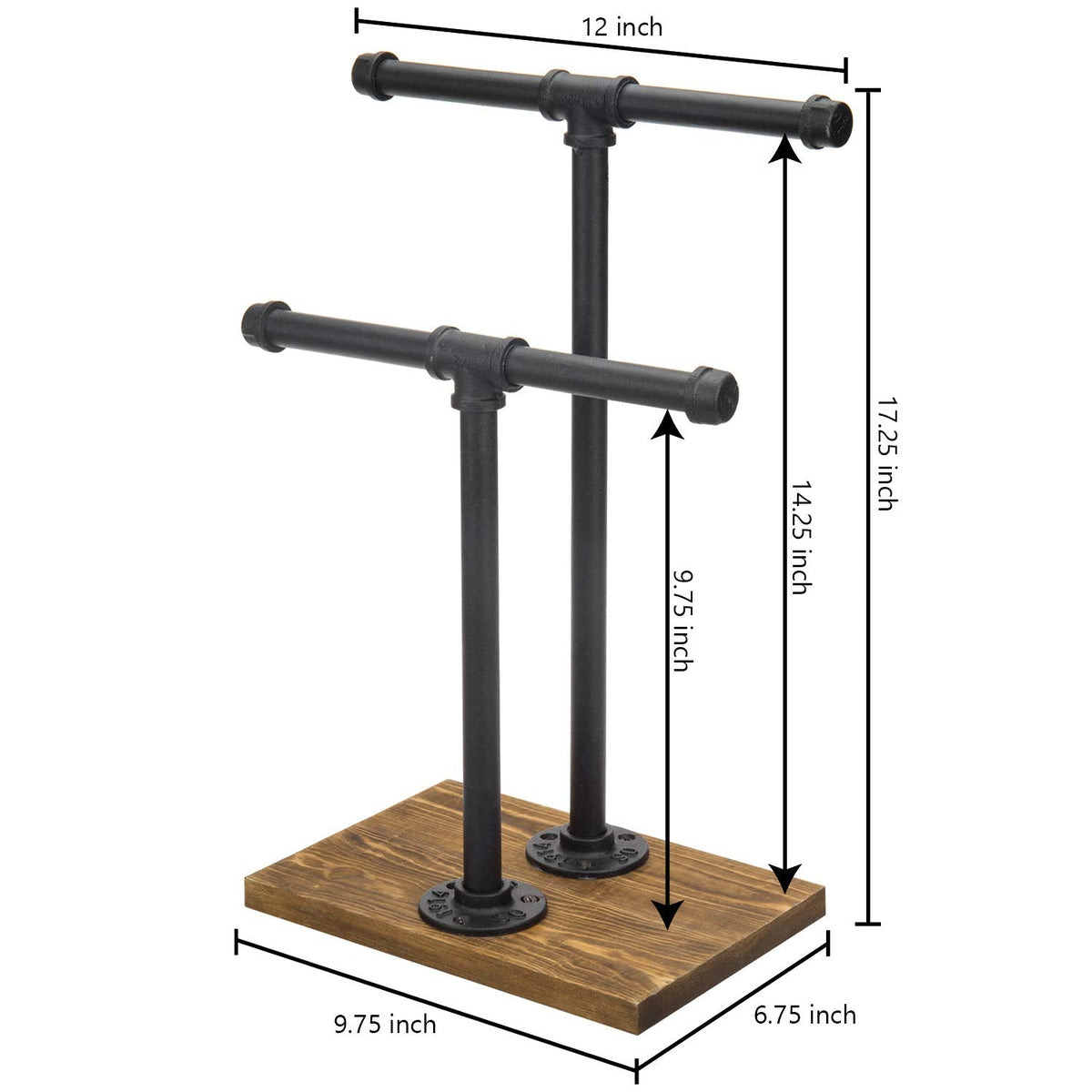 MyGift Adjustable 2-Tier Industrial Jewelry Display Stand - Rustic Metal Pipe & Brown Wood Base for Necklaces, Bracelets, Watches - Home & Boutique Decor (11.75" H)