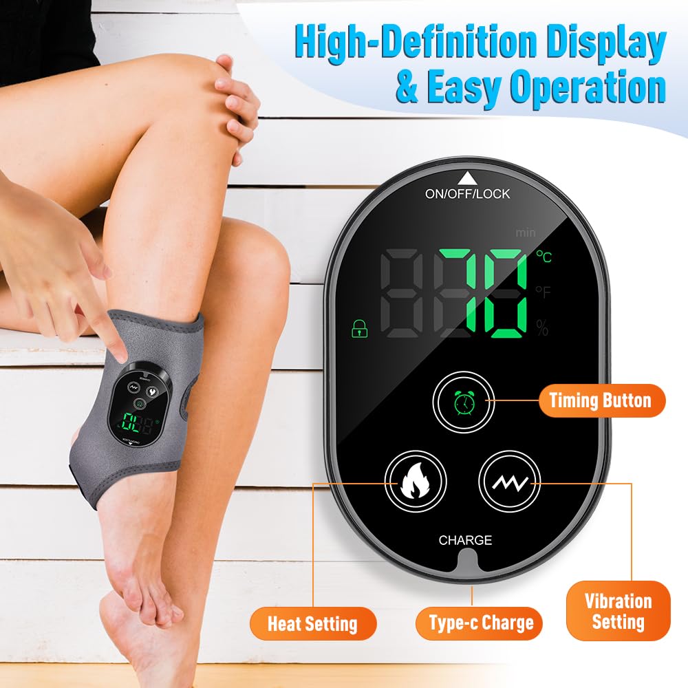 Ankle Massager,3-in-1 Wearable Hot & Vibration Massager for Feet, Ankles, and Arms | Reusable Heating Pad Brace for Home Recovery (Grey)