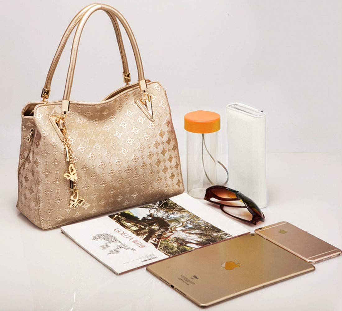 FiveloveTwo Women PU Ladies Handbag Purse Tote Satchel Shoulder Bag Tassel Print 4pcs Set Top Handle Bag Clutch Card Holder Gold