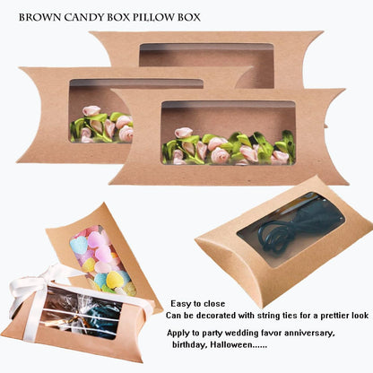 80 Pcs Pillow Gift Boxes with Windows,Kraft Paper Mini Pillow Packaging Box, Creative Favor Box Folding Treat Boxes with Clear Window for Bakery Candy Chocolate Jewelry Display Wedding Party Favor