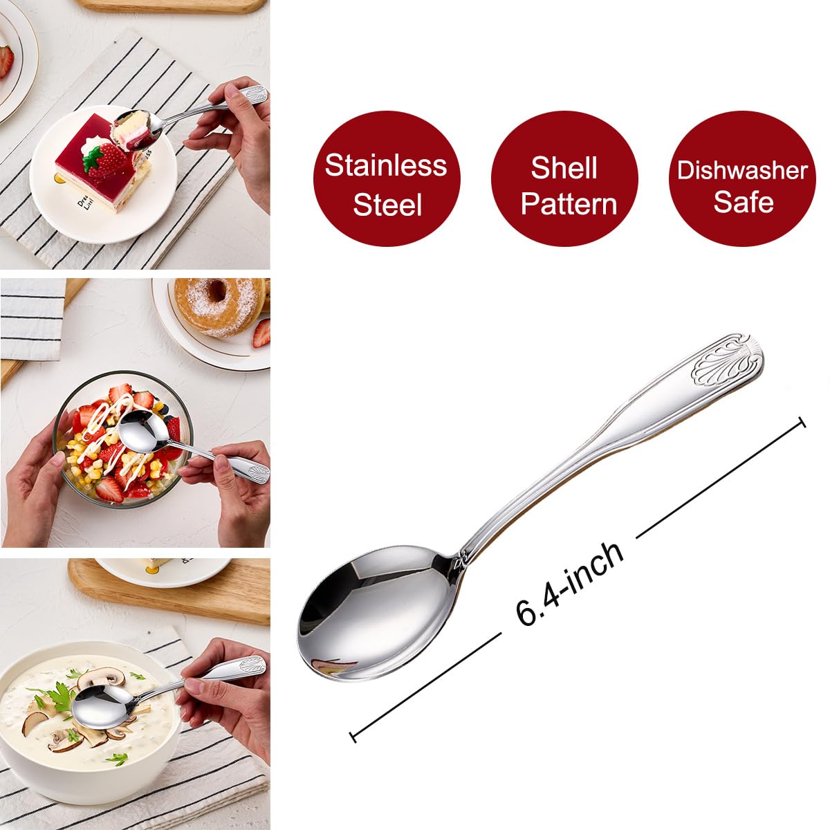 Deeny Jarte 12-Piece Soup Spoon Set, 6.4-Inch Stainless Steel Round Spoons Dessert Spoons, Shell Pattern Teaspoons, Mirror Polished spoons silverware, Dishwasher Safe