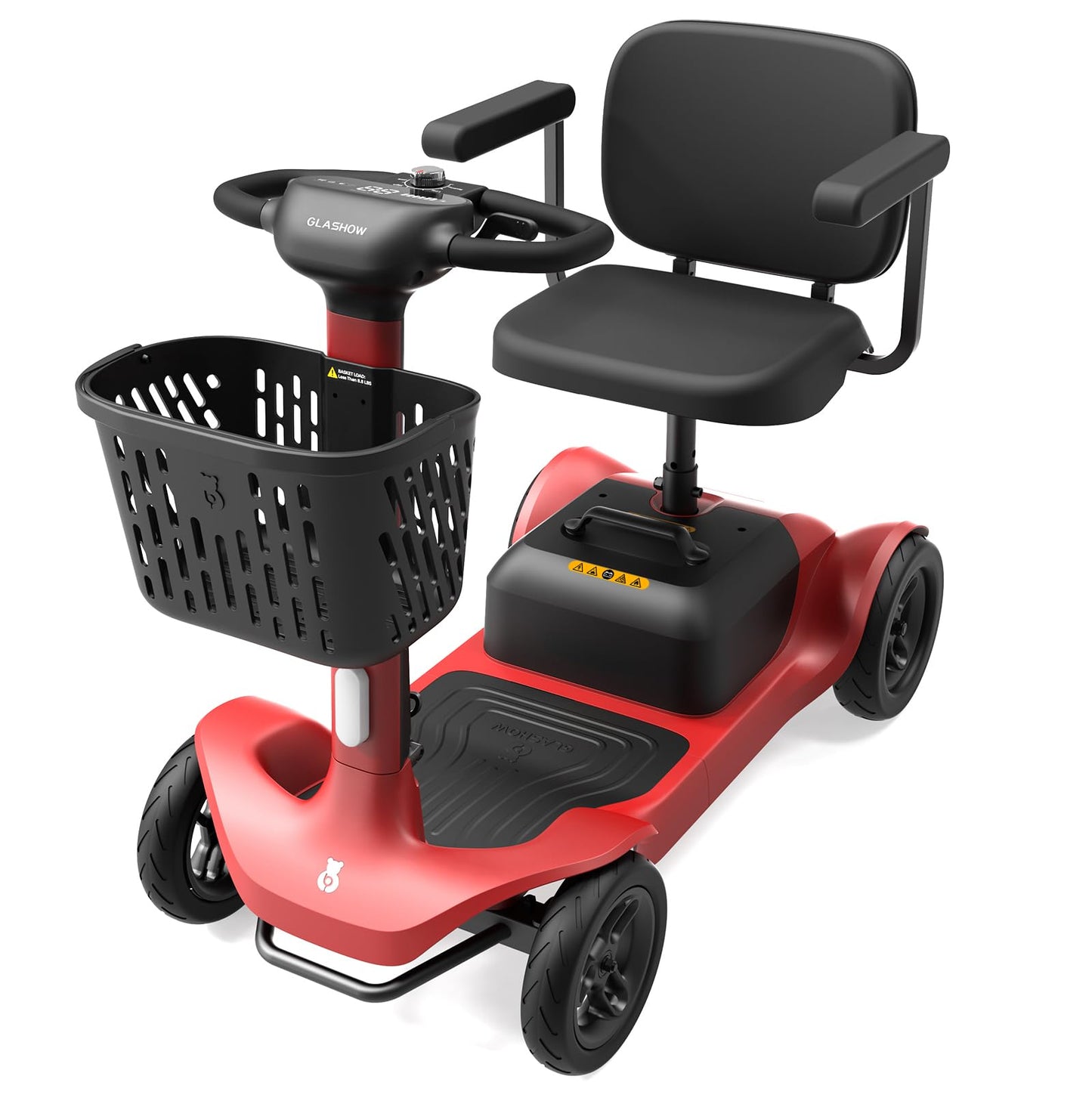 Glashow S1 Folding 4-Wheel Mobility Scooter for Seniors – 25-Mile Range, 6.2 mph, All-Terrain Electric Scooter with Adjustable Swivel Seat, 265 lb Capacity, Removable 24V 20Ah Battery – Red