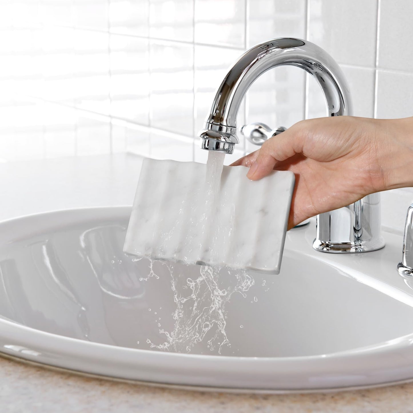 Carrara Marble Soap Dish - Self Draining Holder Keeps Soap Dry, Rectangular Tray for Shower, Bathroom & Jewelry Display (White)