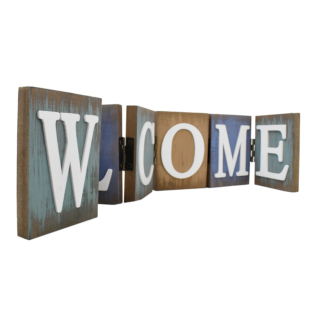 Rustic Wood Welcome Sign Cutout, Teal Wooden Tabletop Folding Decorative Word Sign, Freestanding Hinged Block Letters Home Decor