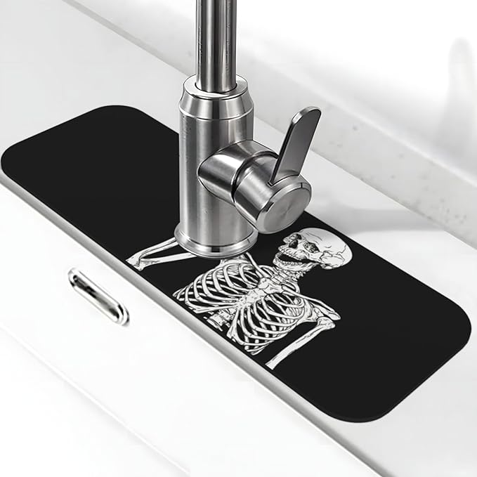 Black Funny Skull Human Skeleton Halloween Kitchen Sink Splash Guard Faucet Mat