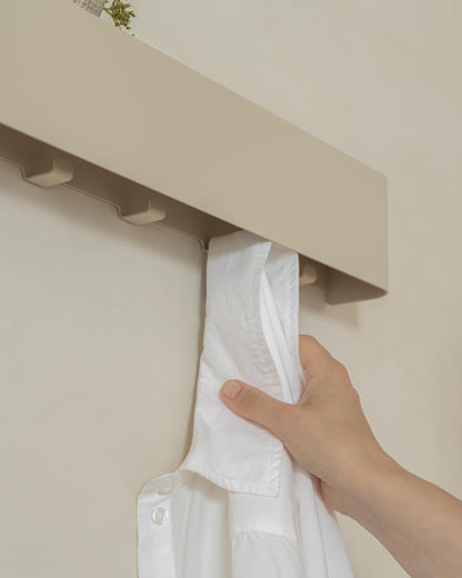 Kazai. Coat Rack Wall Mount with Shelf 'Tone' | Modern Design Coat Hanger with Hidden Hooks and Storage | Hat Rack with Shelf in Metal | Wall-Mounted Purse Organizer | Taupe