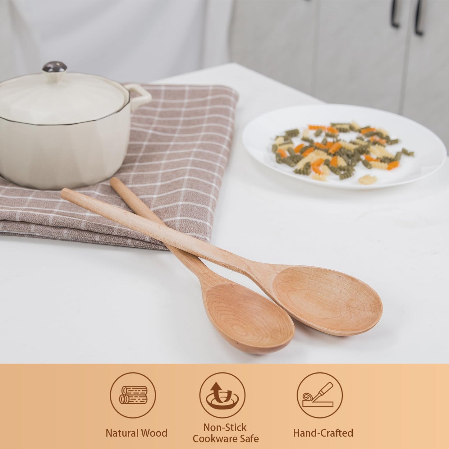 2PCS Wooden Cooking Spoons, 14 Inch Maple Wooden Spoons for Cooking or Mixing Salad, Wooden Spoons Cooking for Stirring Sauce Soup Nonstick Spoon Kitchen Serving Utensil Long Handle with Smooth Finish