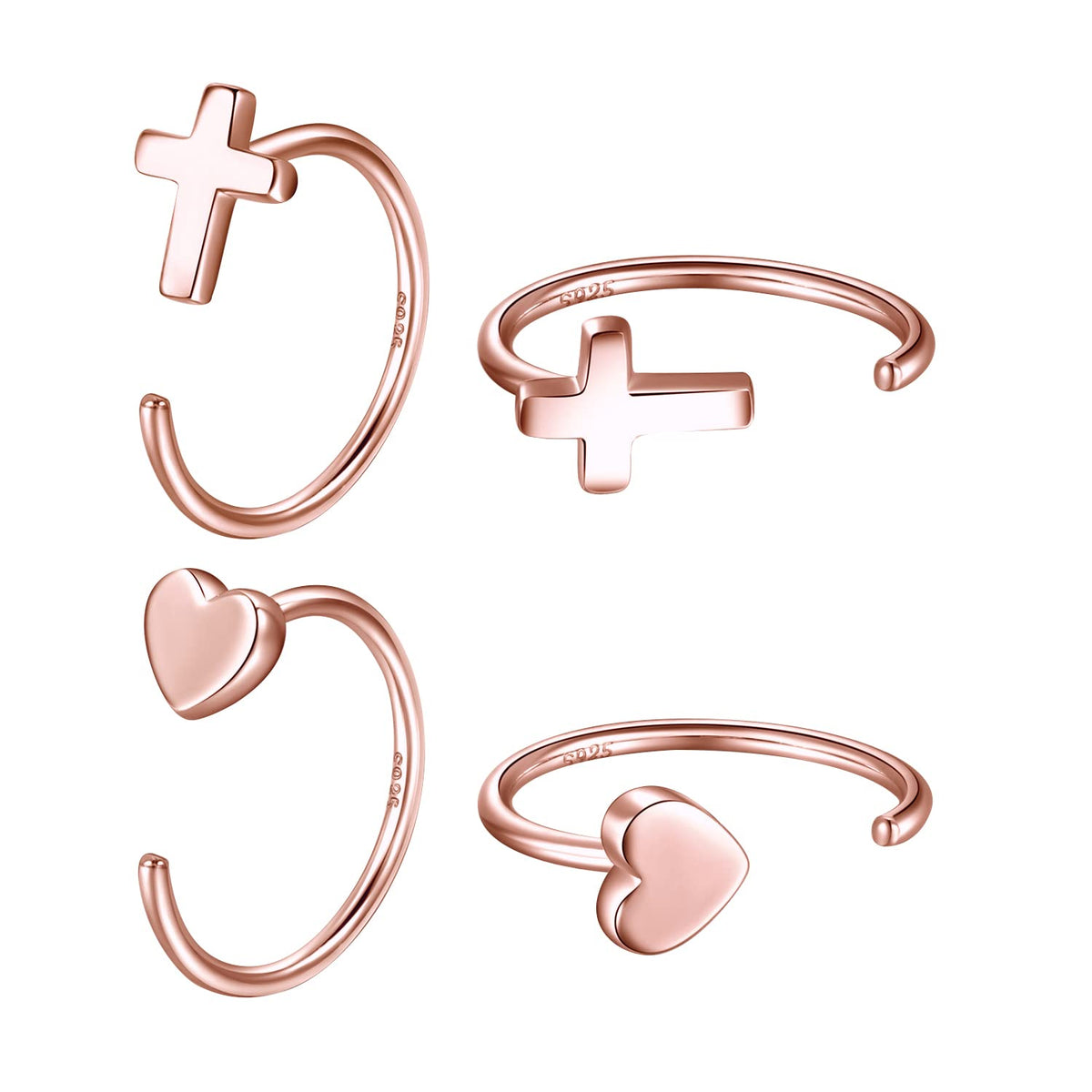 Half Hoop Earrings 18K Rose Gold Plated 925 Sterling Silver Cross & Heart Huggie Earrings Open Huggie Hoop Earrings Huggy Sleep Earrings for Women 2 Pairs