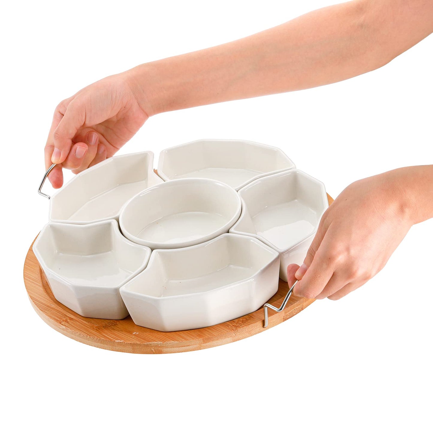 ZENFUN Chip and Dip Serving Set, 11'' Divided Serving Platters Tray for Party, 6-Compartment Removable Appetizer Snack Dishes, Round Sectional Serving Platter for Fruits, Condiment