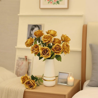 Laelfe 12 Pcs Christmas Gold Roses Artificial Flowers Long Stem Faux Silk Gold Flowers Fake Roses for Wedding Bridal Bouquet Home Party Hotel Garden Decorations